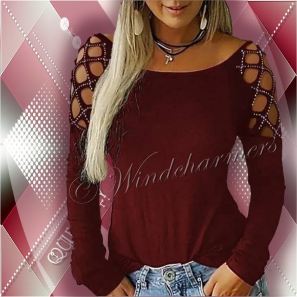 Maroon Sparkly Caged Shoulder Tee - Picture 1 of 6